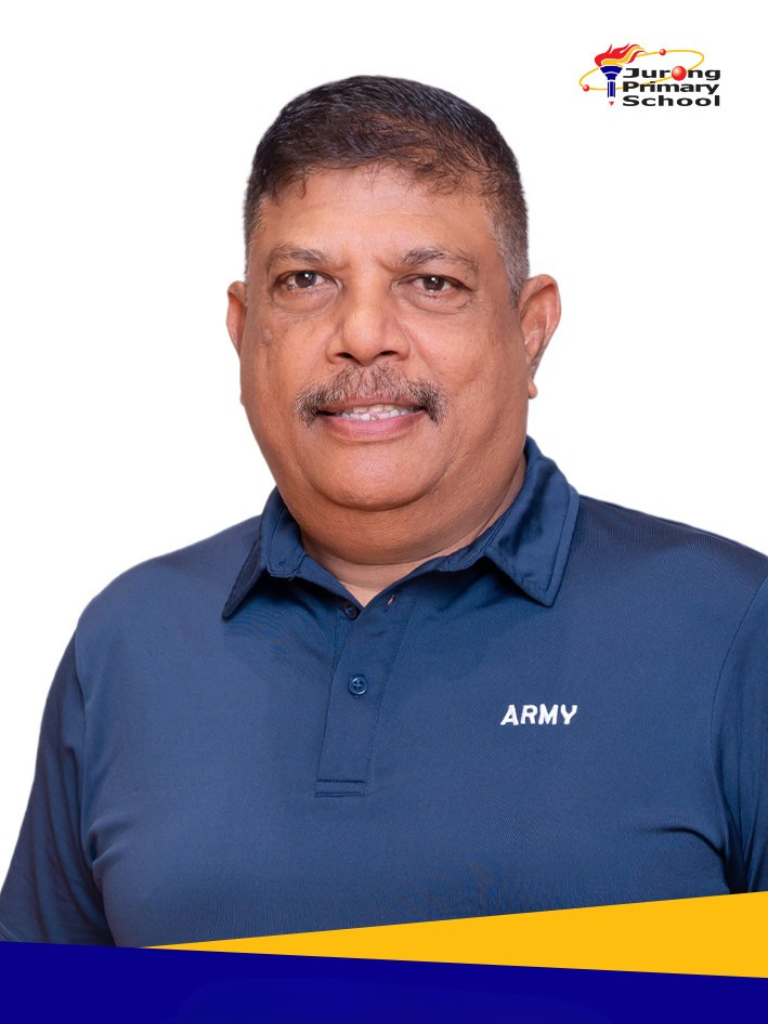 Smiling man with moustache in navy blue "Army" polo shirt